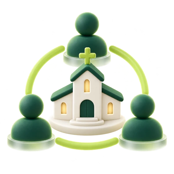 Igreja e pessoas conectadas em 3D
